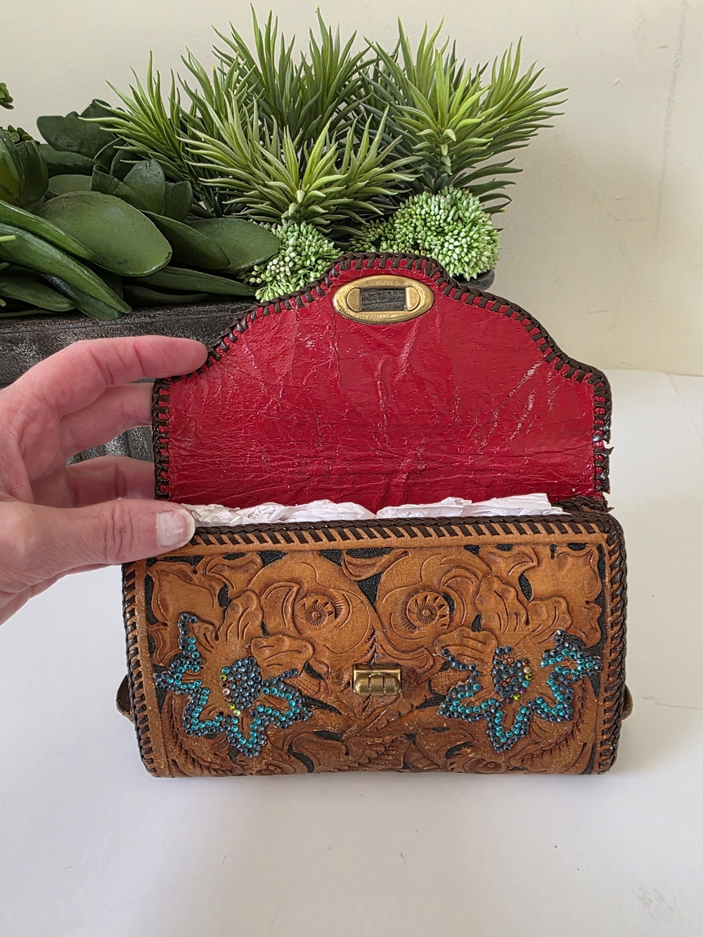 Vintage Roth & Madge Swarovski Crystal Tooled Leather Mini Bag Wristlet - Picture 13 of 17